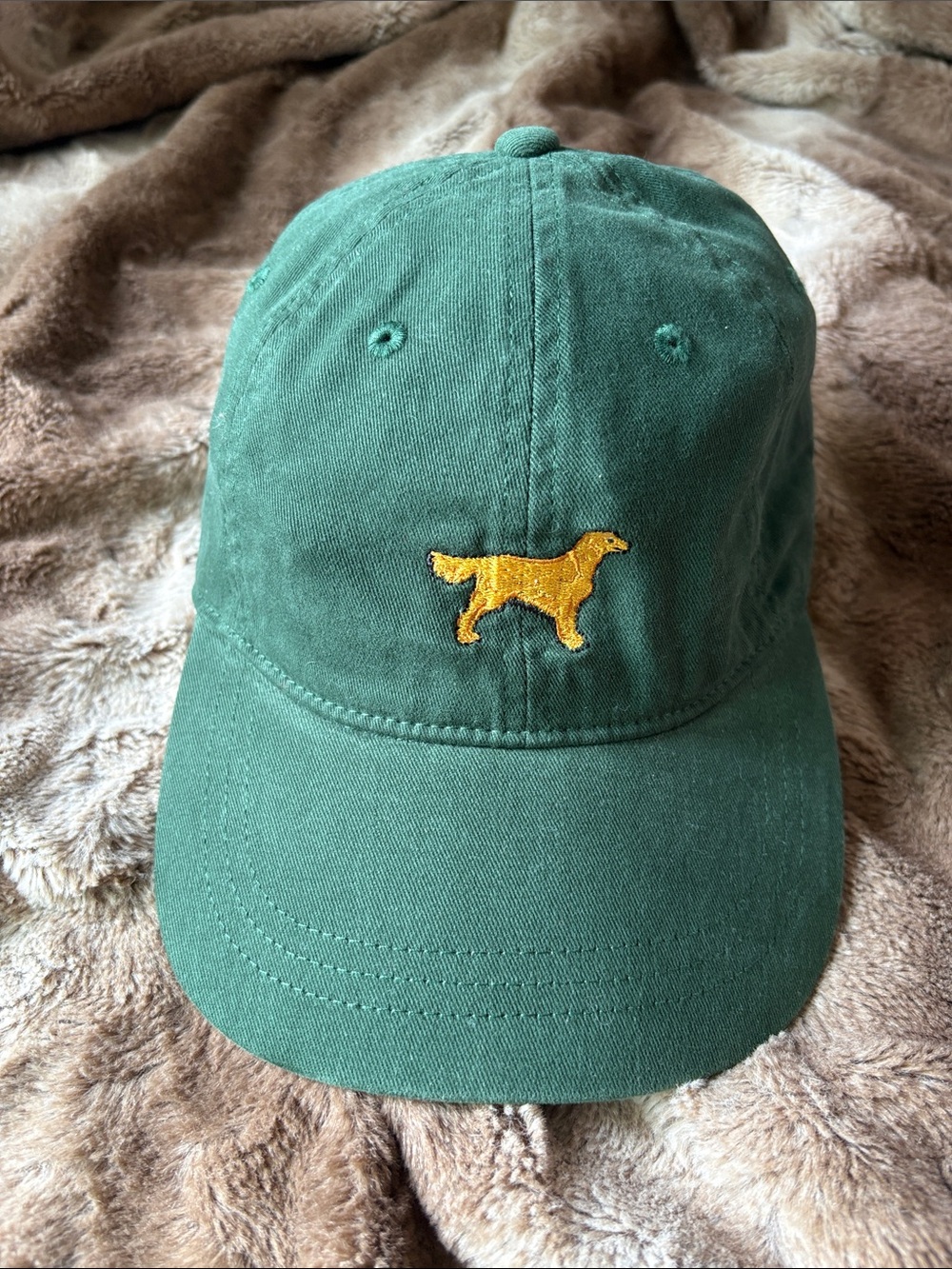 J Crew green hat with golden lab retriever
